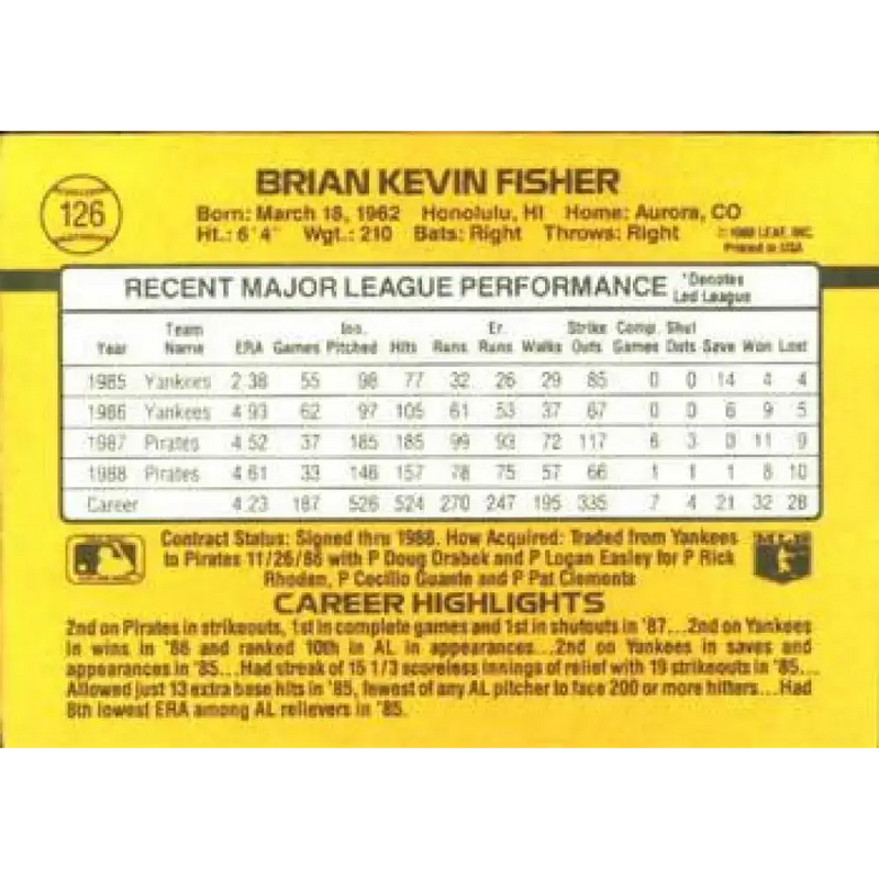 1989 Donruss #126 Brian Fisher NM-MT Pittsburgh Pirates Baseball Card - Baseball Card Single