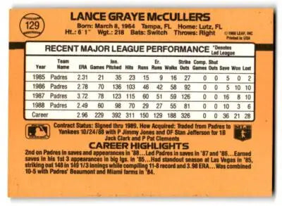 Back of 1989 Donruss Lance McCullers baseball card with player statistics and 129c Lance designation
