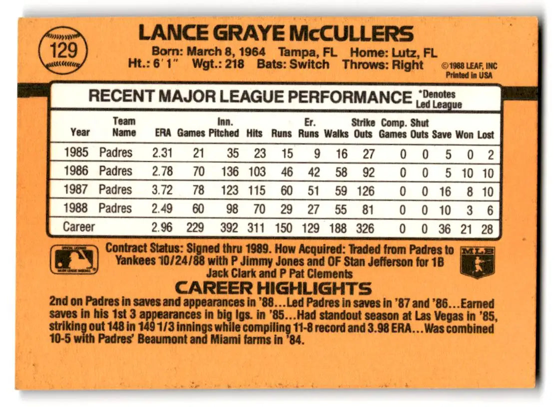 1989 Donruss #129c Lance McCullers - Baseball Card Single