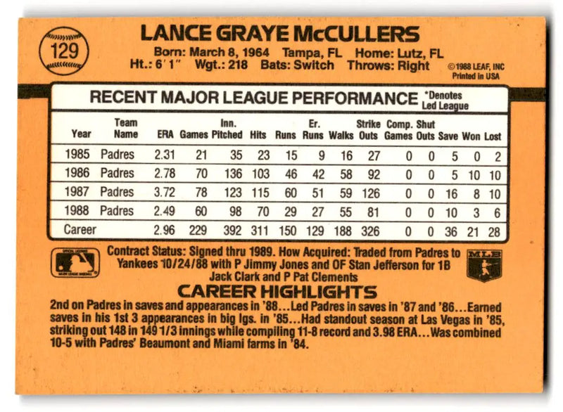 1989 Donruss #129c Lance McCullers - Baseball Card Single