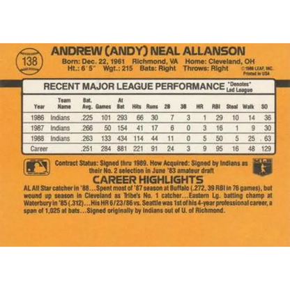 1989 Donruss #138 Andy Allanson NM-MT Cleveland Indians Baseball Card