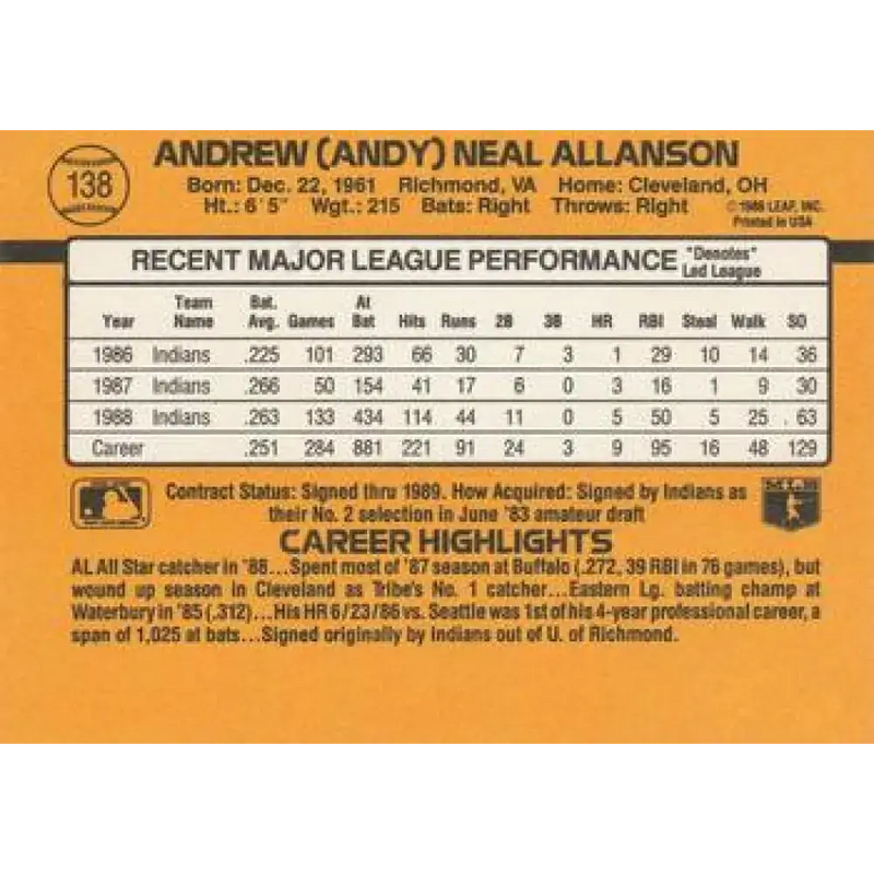1989 Donruss #138 Andy Allanson NM-MT Cleveland Indians Baseball Card - Baseball Card Single