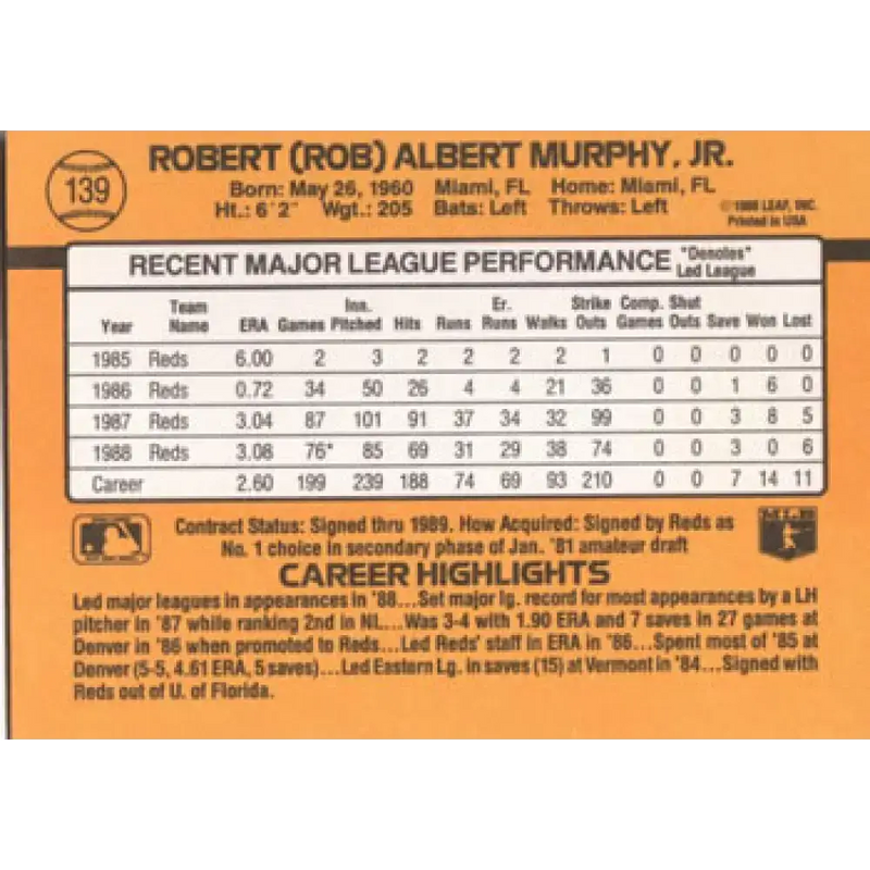 1989 Donruss #139 Rob Murphy NM-MT Cincinnati Reds Baseball Card - Baseball Card Single