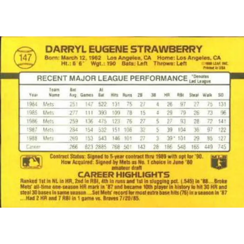 1989 Donruss #147 Darryl Strawberry NM-MT New York Mets Baseball Card - Baseball Card Single
