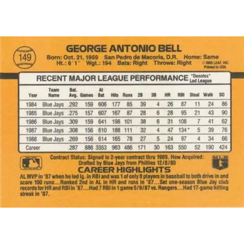 1989 Donruss #149 George Bell NM-MT Toronto Blue Jays Baseball Card - Baseball Card Single