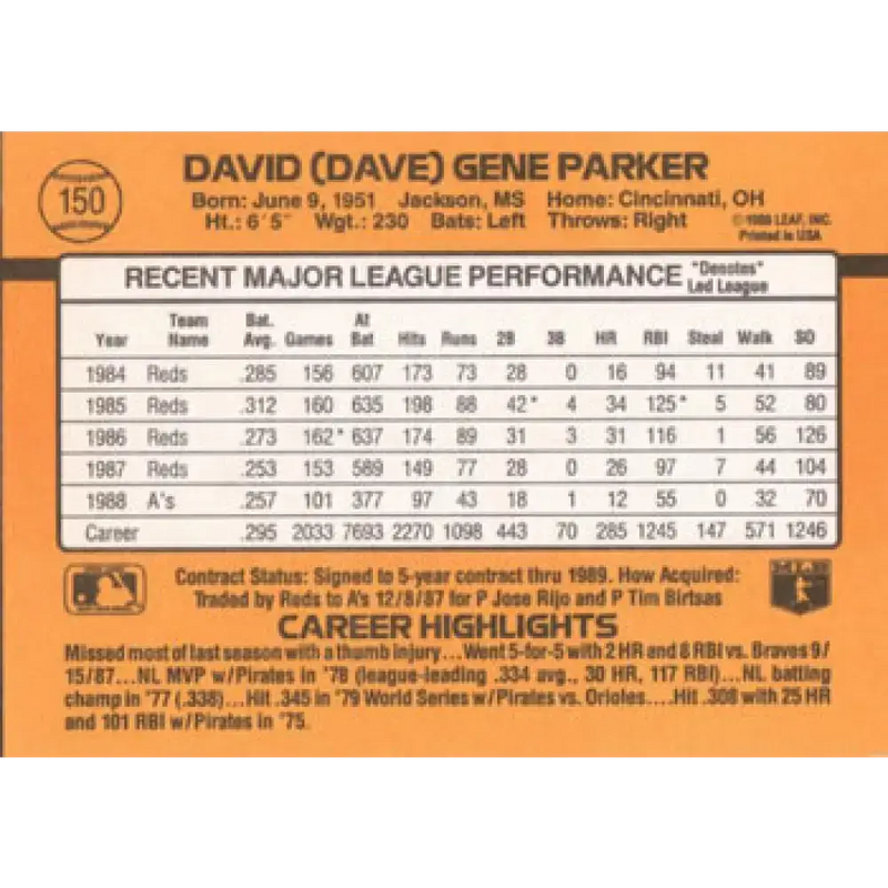 1989 Donruss #150 Dave Parker NM-MT Oakland Athletics Baseball Card - Baseball Card Single