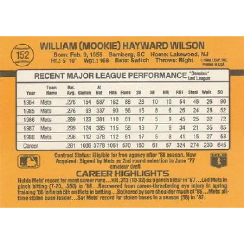 1989 Donruss #152 Mookie Wilson NM-MT New York Mets Baseball Card - Baseball Card Single