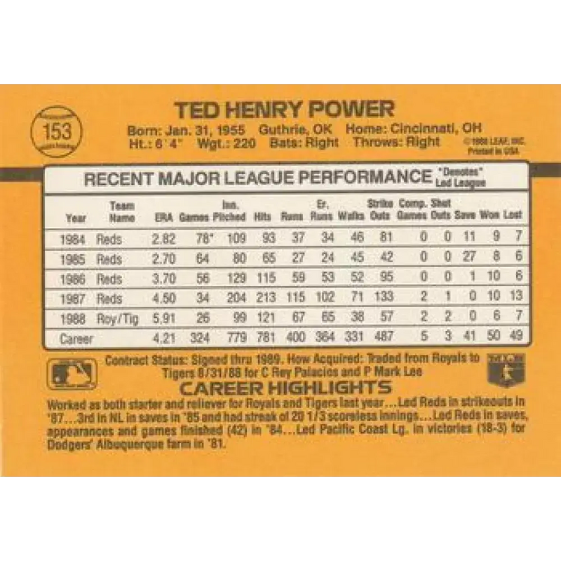 1989 Donruss #153 Ted Power NM-MT Detroit Tigers Baseball Card - Baseball Card Single