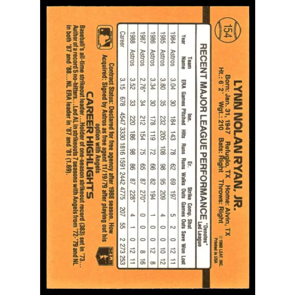 1989 Donruss #154 Nolan Ryan EX/NM Houston Astros Baseball Card - Baseball Card Single