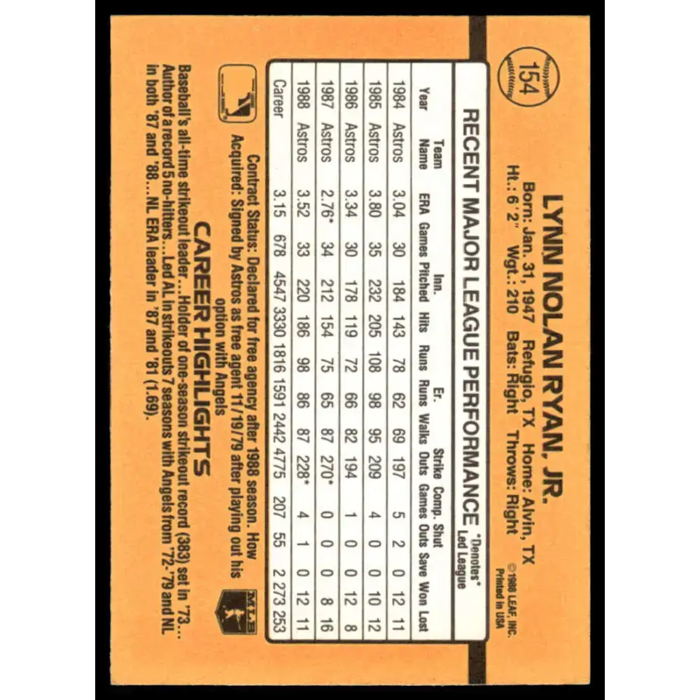 1989 Donruss #154 Nolan Ryan EX/NM Houston Astros Baseball Card - Baseball Card Single