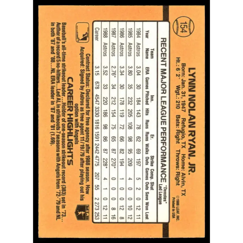 1989 Donruss #154 Nolan Ryan EX/NM Houston Astros Baseball Card - Baseball Card Single