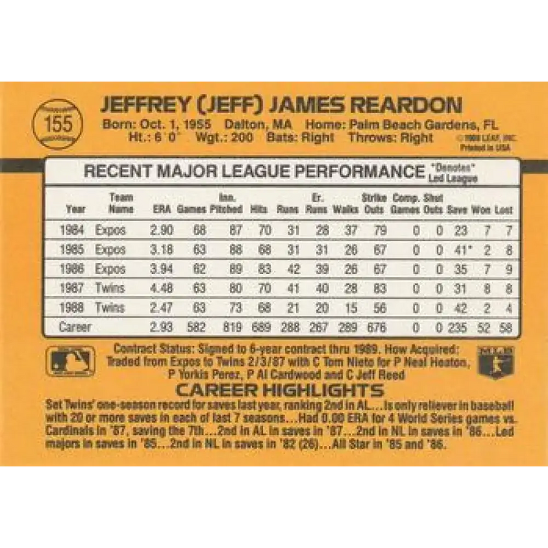 1989 Donruss #155 Jeff Reardon NM-MT Minnesota Twins Baseball Card - Baseball Card Single