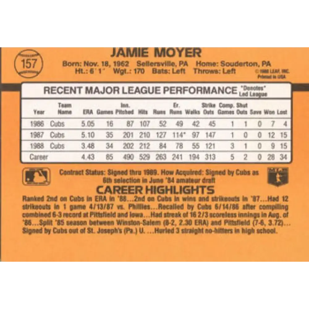 1989 Donruss #157 Jamie Moyer NM-MT Chicago Cubs Baseball Card - Baseball Card Single