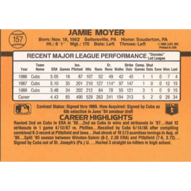 1989 Donruss #157 Jamie Moyer NM-MT Chicago Cubs Baseball Card - Baseball Card Single