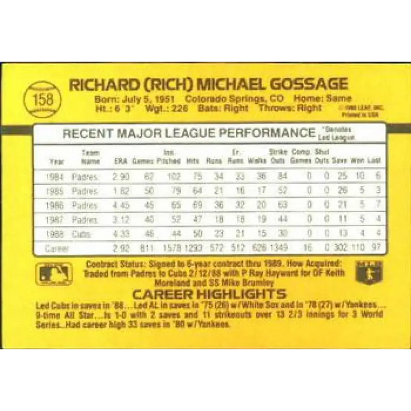 1989 Donruss #158 Rich Gossage NM-MT Chicago Cubs Baseball Card - Baseball Card Single