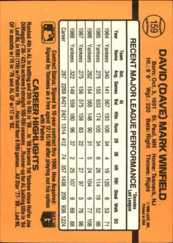 1989 Donruss #159 Dave Winfield NM-MT Yankees - Baseball Card Single