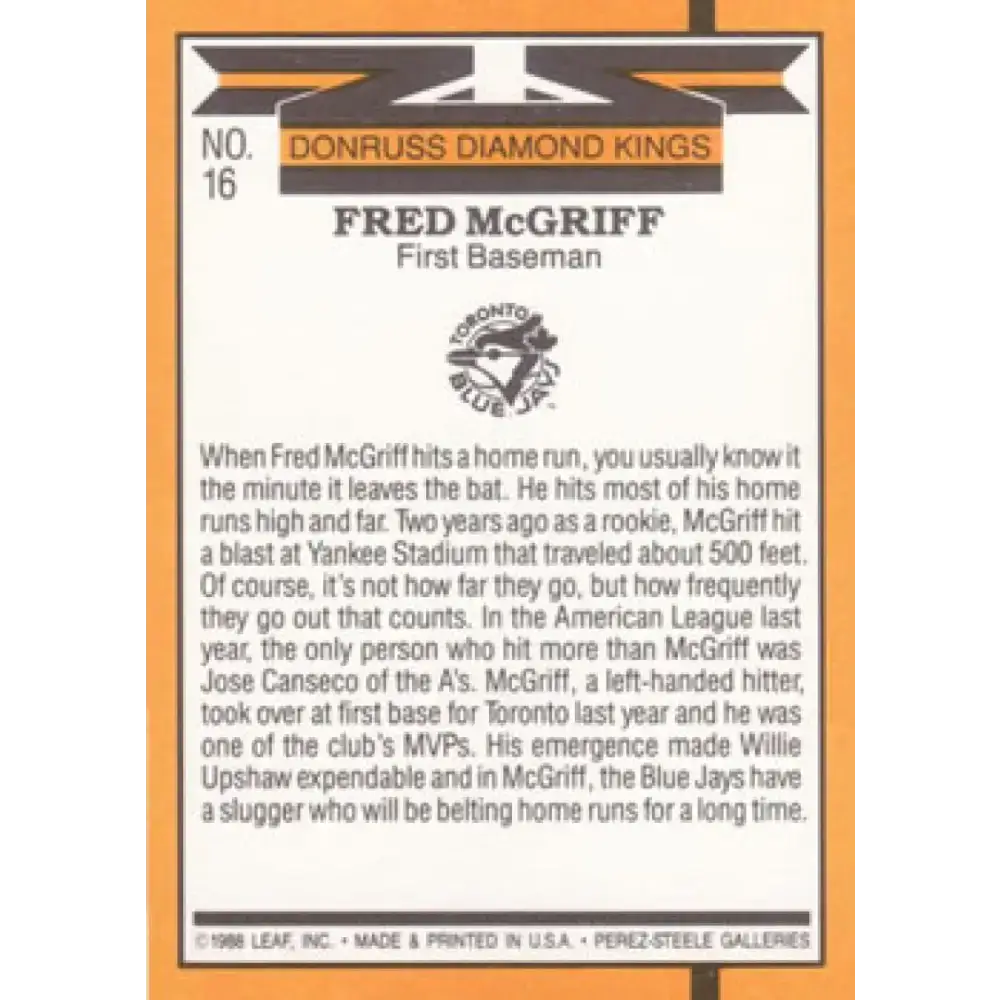1989 Donruss #16 Fred McGriff DK NM-MT Toronto Blue Jays Baseball Card - Baseball Card Single