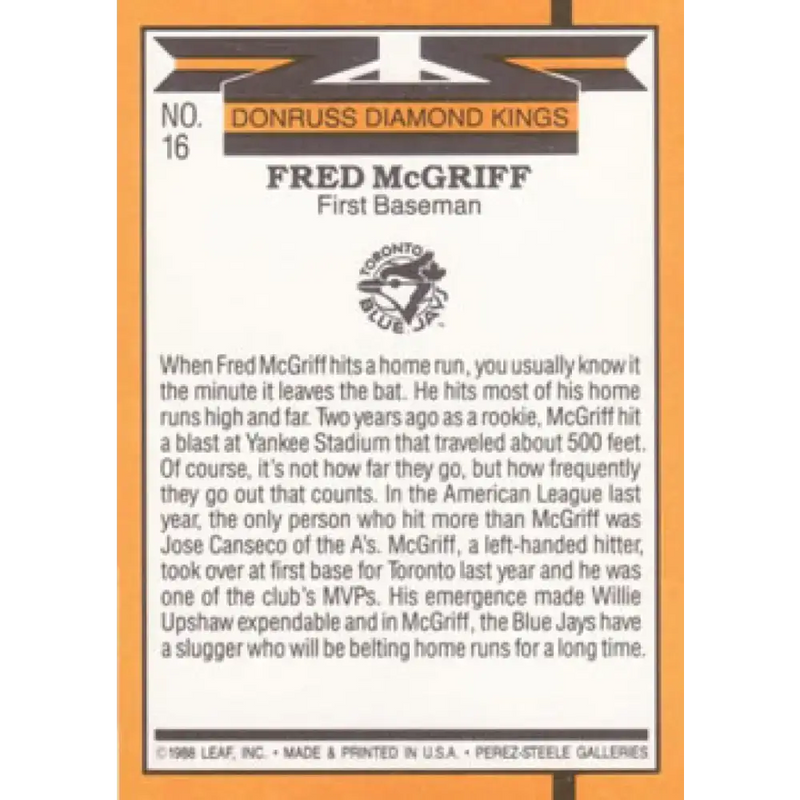 1989 Donruss #16 Fred McGriff DK NM-MT Toronto Blue Jays Baseball Card - Baseball Card Single