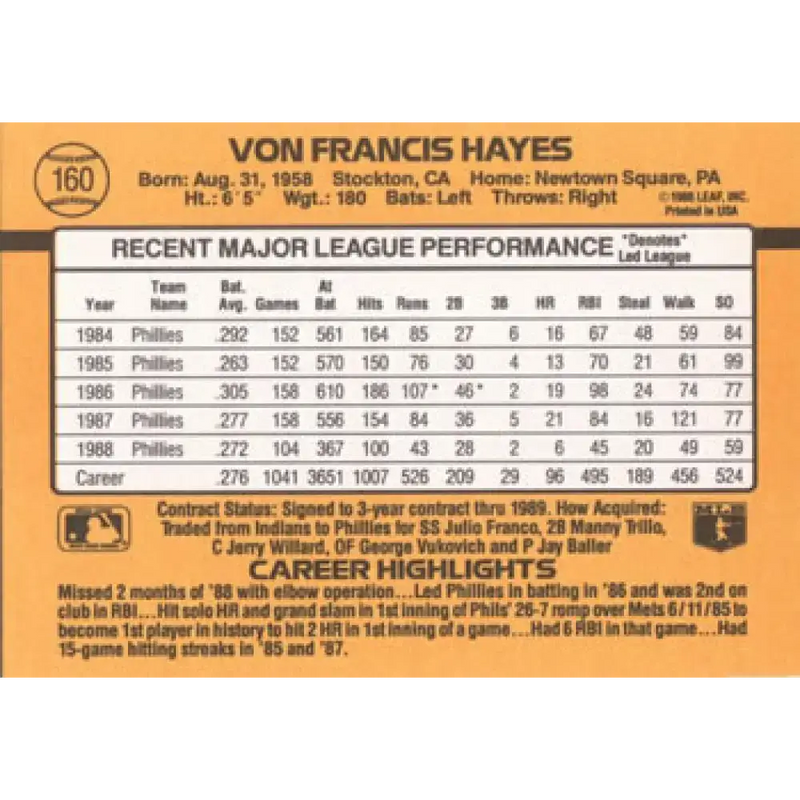 1989 Donruss #160 Von Hayes NM-MT Philadelphia Phillies Baseball Card - Baseball Card Single