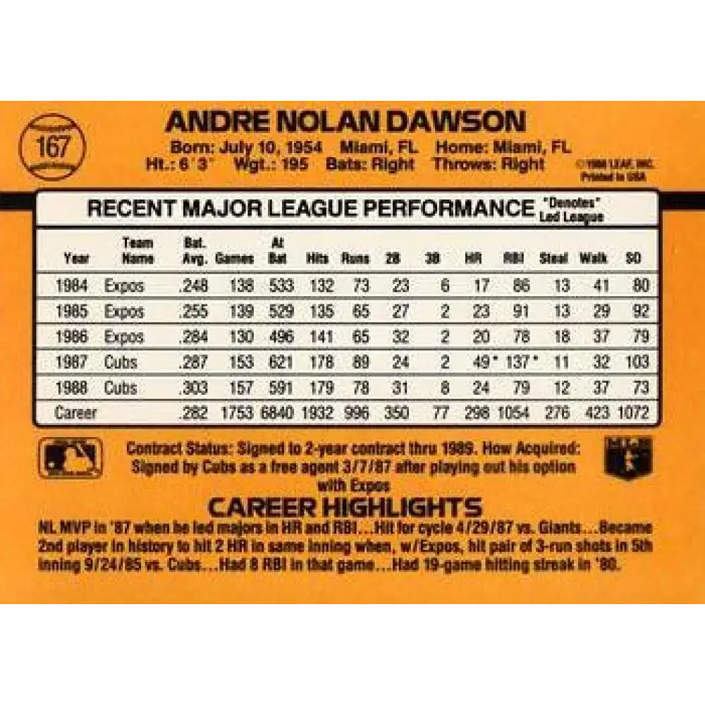 1989 Donruss #167 Andre Dawson NM-MT Chicago Cubs Baseball Card - Baseball Card Single