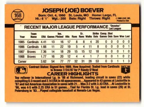 Vintage Joe Boever Atlanta Braves baseball card with career stats and highlights