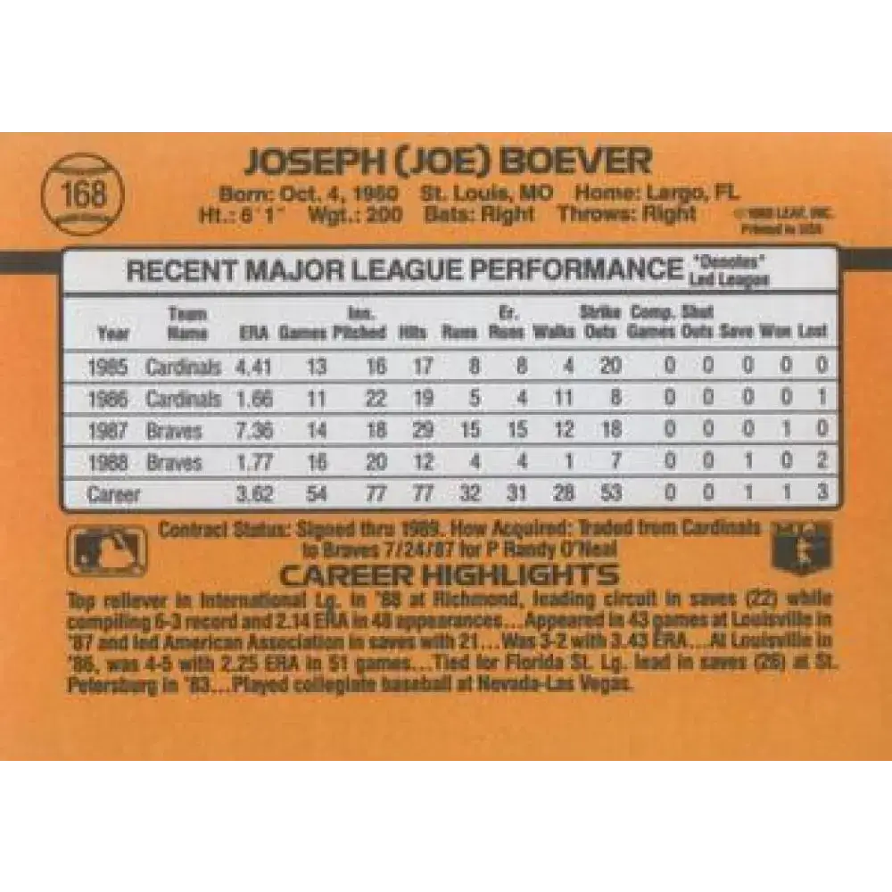 1989 Donruss #168 Joe Boever NM-MT Atlanta Braves Baseball Card - Baseball Card Single