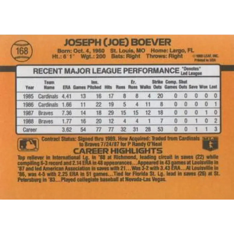 1989 Donruss #168 Joe Boever NM-MT Atlanta Braves Baseball Card - Baseball Card Single