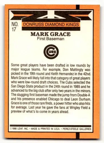 1989 Donruss #17 Mark Grace Chicago Cubs Baseball Cards EX/NM ID:64473