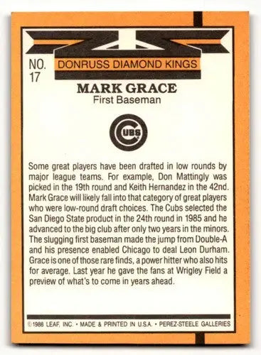 1989 Donruss #17 Mark Grace Chicago Cubs Baseball Cards EX/NM ID:64474 - Baseball Card Single