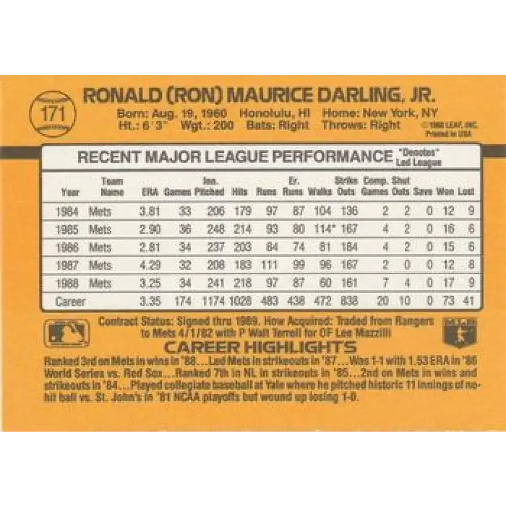 1989 Donruss #171 Ron Darling NM-MT New York Mets Baseball Card - Baseball Card Single