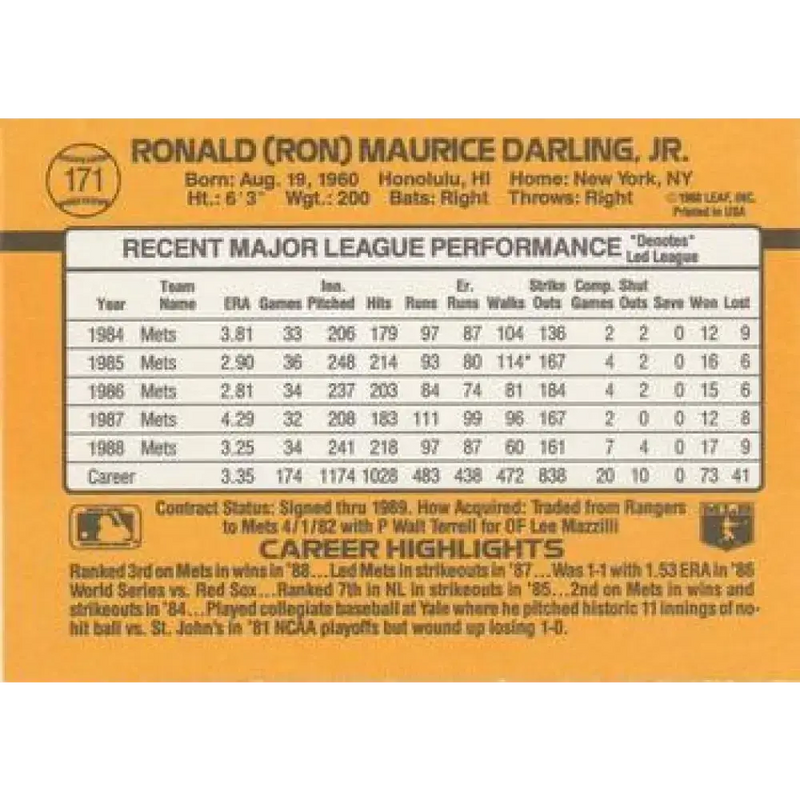 1989 Donruss #171 Ron Darling NM-MT New York Mets Baseball Card - Baseball Card Single
