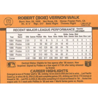 1989 Donruss #172 Bob Walk NM-MT Pittsburgh Pirates Baseball Card