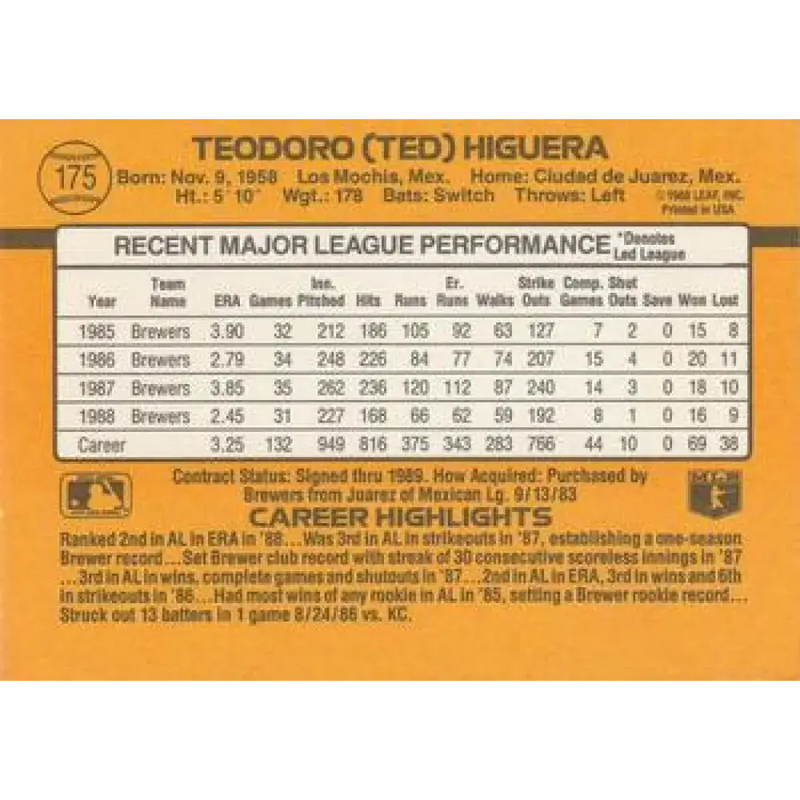 1989 Donruss #175 Teddy Higuera NM-MT Milwaukee Brewers Baseball Card - Baseball Card Single