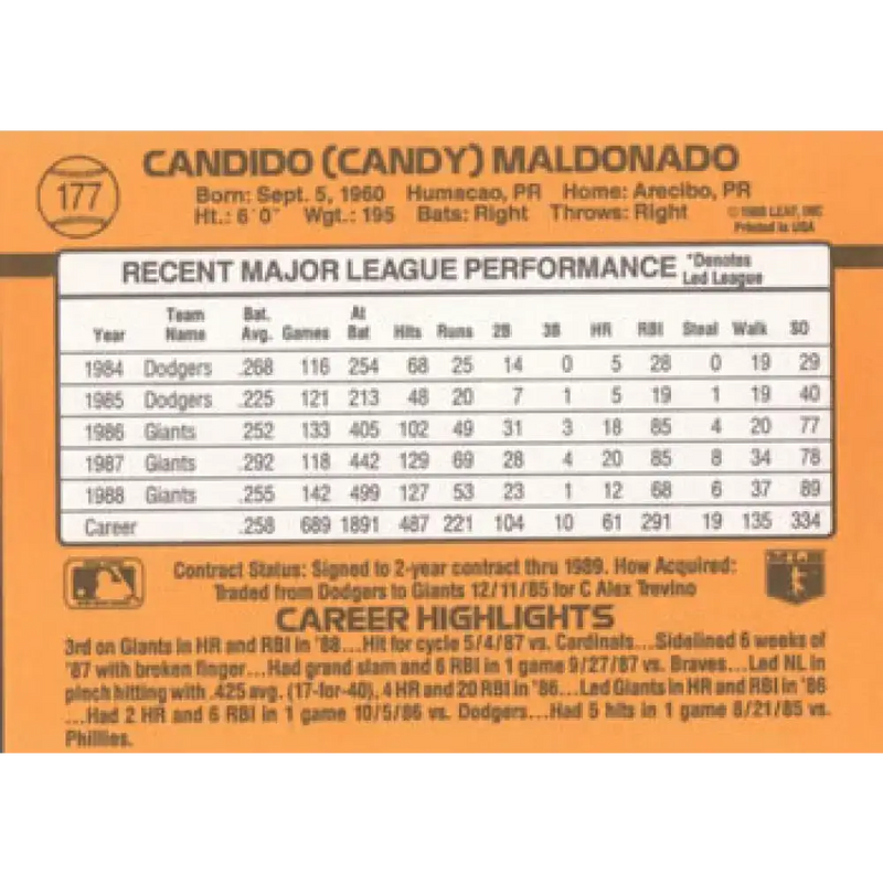 1989 Donruss #177 Candy Maldonado NM-MT San Francisco Giants Baseball Card - Baseball Card Single