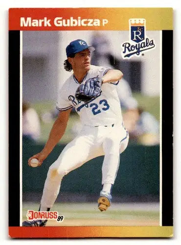 Baseball card of Mark Gubicza Kansas City Royals pitcher in white and blue uniform