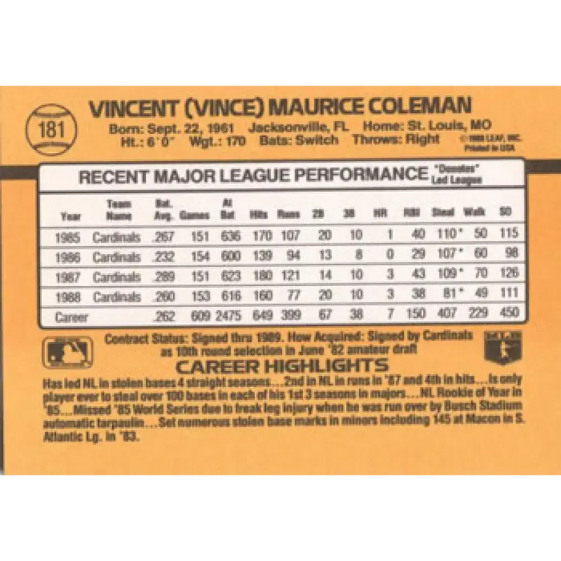 1989 Donruss #181 Vince Coleman NM-MT St. Louis Cardinals Baseball Card - Baseball Card Single