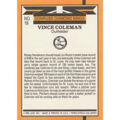 1989 Donruss #19 Vince Coleman DK DP NM-MT St. Louis Cardinals Baseball Card