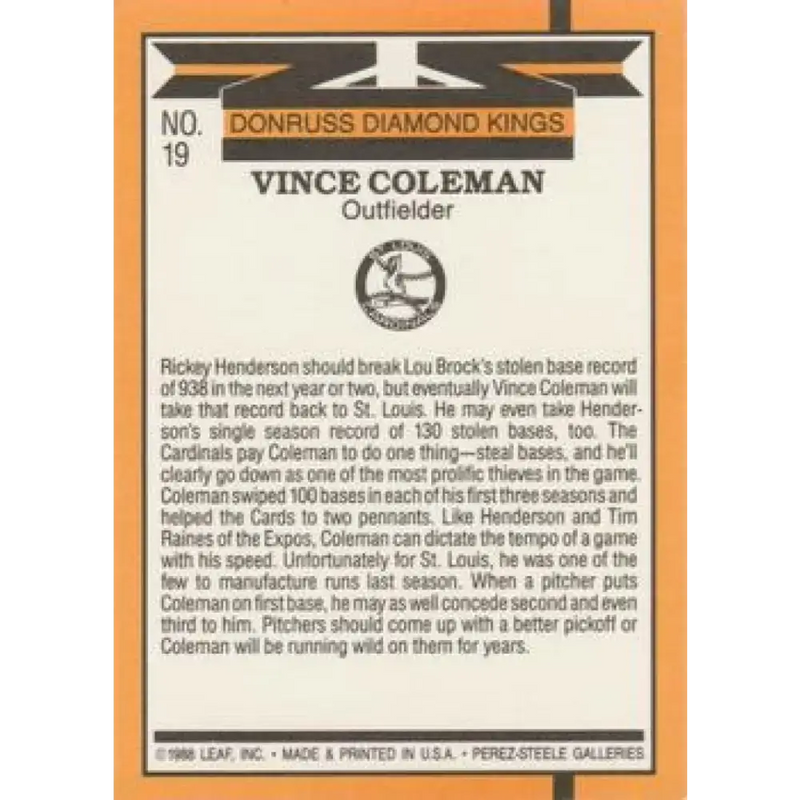 1989 Donruss #19 Vince Coleman DK DP NM-MT St. Louis Cardinals Baseball Card - Baseball Card Single