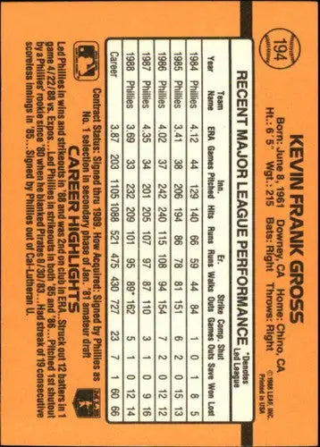 1989 Donruss #194 Kevin Gross NM Near Mint Phillies - Baseball Card Single