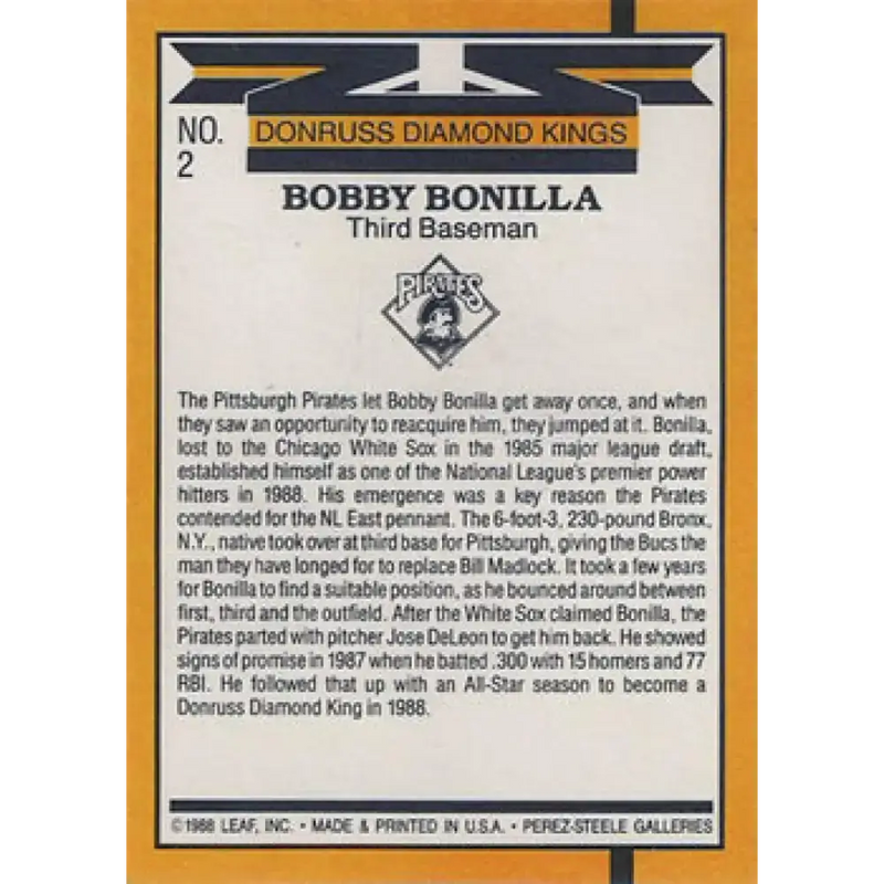 1989 Donruss #2 Bobby Bonilla DK DP NM-MT Pittsburgh Pirates Baseball Card - Baseball Card Single