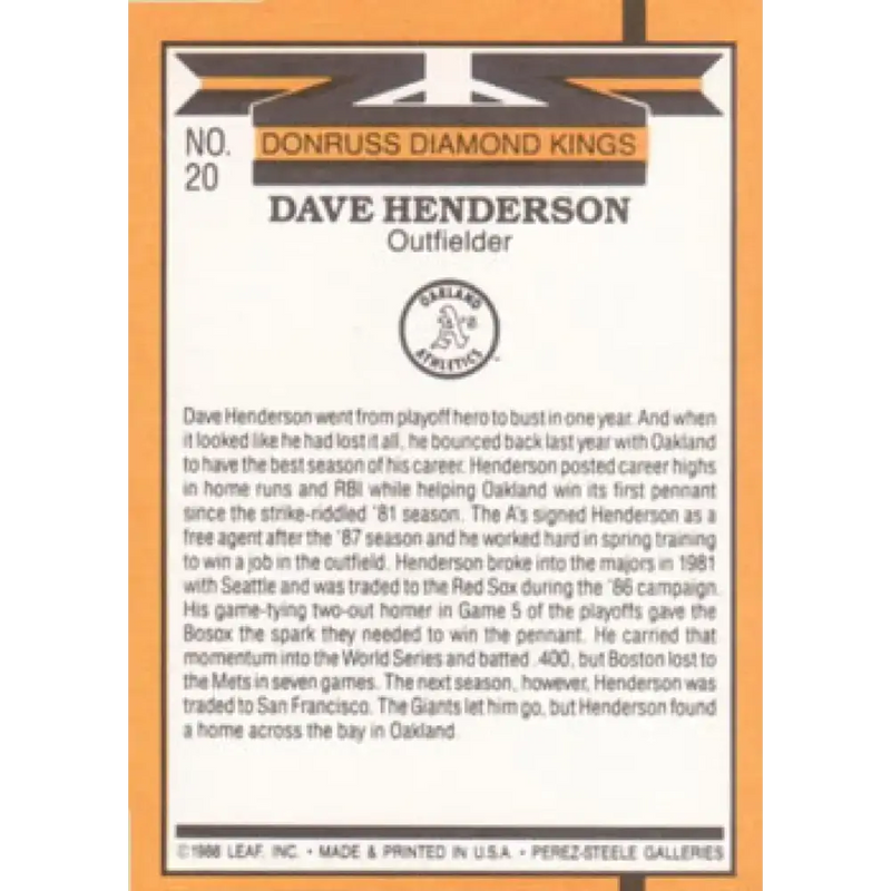 1989 Donruss #20 Dave Henderson DK NM-MT Oakland Athletics Baseball Card - Baseball Card Single
