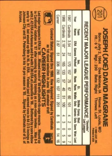 1989 Donruss #201 Joe Magrane NM Near Mint Cardinals - Baseball Card Single