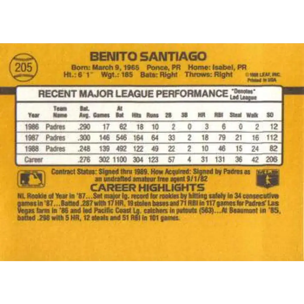 1989 Donruss #205 Benito Santiago NM-MT San Diego Padres Baseball Card - Baseball Card Single
