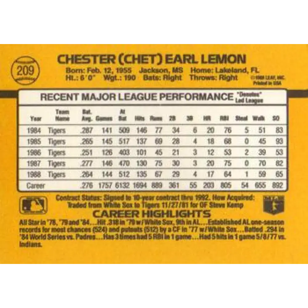 1989 Donruss #209 Chet Lemon NM-MT Detroit Tigers Baseball Card - Baseball Card Single