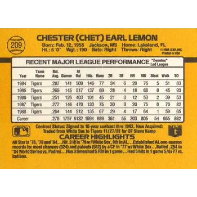 1989 Donruss #209 Chet Lemon NM-MT Detroit Tigers Baseball Card - Baseball Card Single