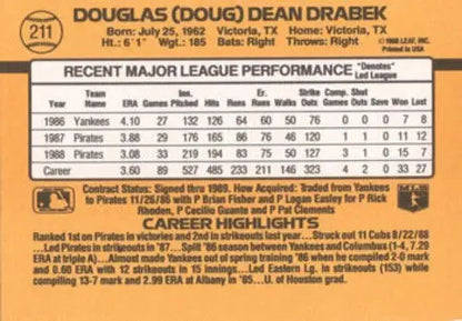 1989 Donruss #211 Doug Drabek NM-MT Pirates ID:21626