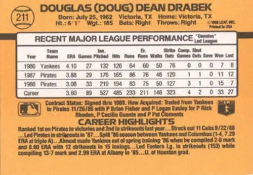1989 Donruss #211 Doug Drabek NM-MT Pirates ID:21626 - Baseball Card Single