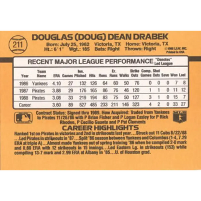 1989 Donruss #211 Doug Drabek NM-MT Pittsburgh Pirates Baseball Card