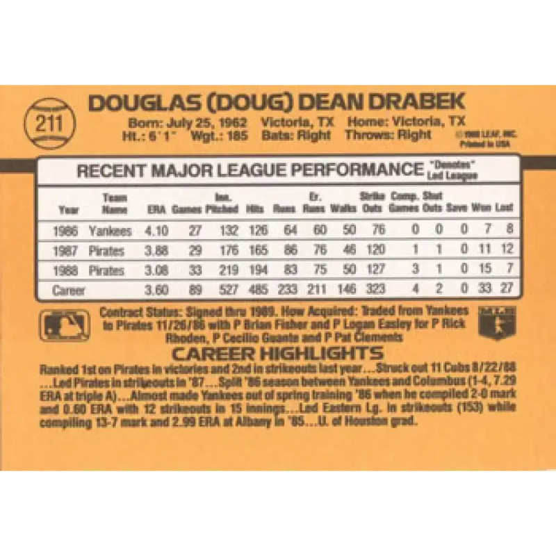 1989 Donruss #211 Doug Drabek NM-MT Pittsburgh Pirates Baseball Card - Baseball Card Single