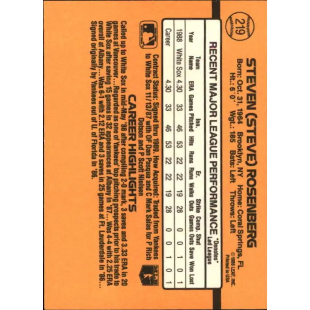 1989 Donruss #219 Steve Rosenberg NM-MT Chicago White Sox Baseball Card